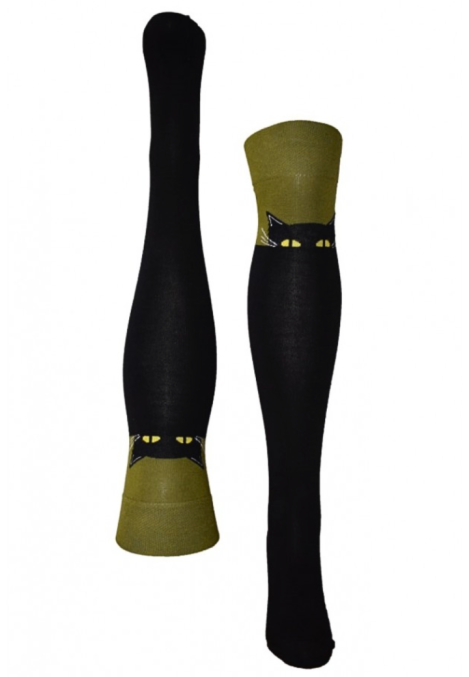 Șosete Damă peste Genuchi, Imprimeu Pisica,Culoare Negru-Verde,Engros